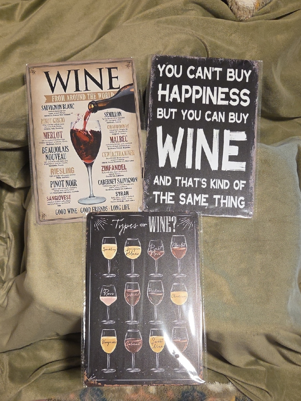 Wine Wall Art Set - Black and Cream Wine Signs - 8" X 12"